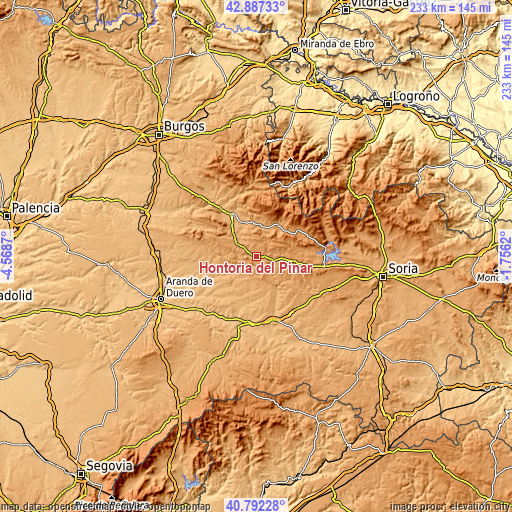 Topographic map of Hontoria del Pinar