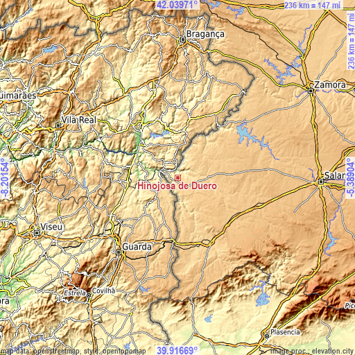 Topographic map of Hinojosa de Duero