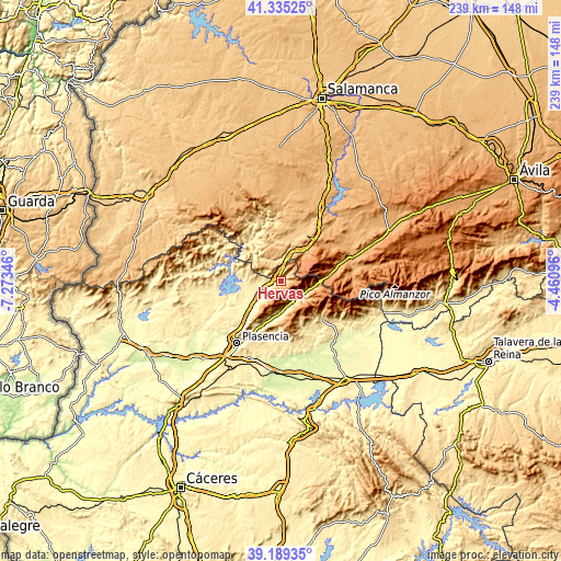 Topographic map of Hervás