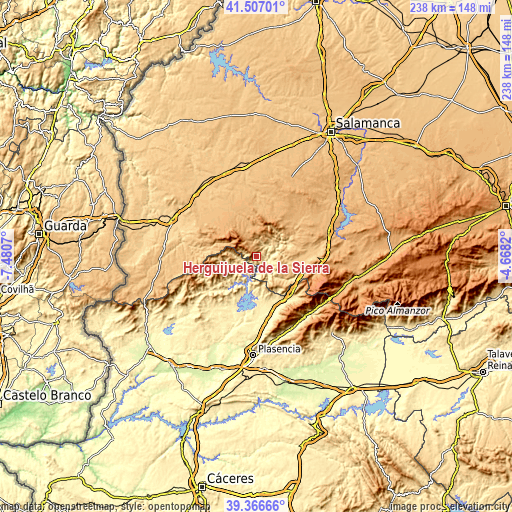 Topographic map of Herguijuela de la Sierra