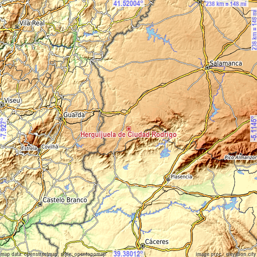 Topographic map of Herguijuela de Ciudad Rodrigo