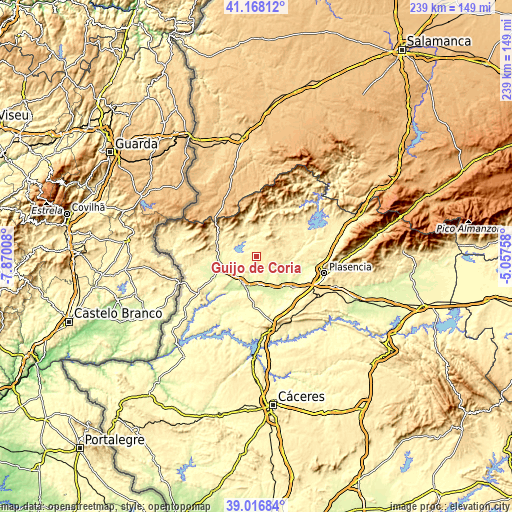 Topographic map of Guijo de Coria