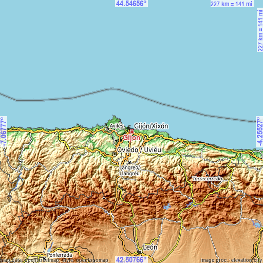 Topographic map of Gijón