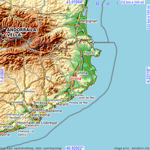 Topographic map of Girona