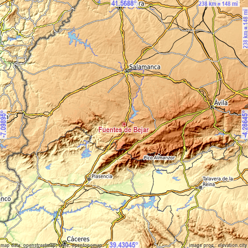 Topographic map of Fuentes de Béjar