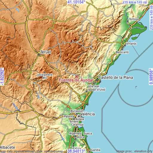 Topographic map of Fuentes de Ayódar