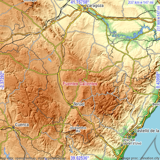 Topographic map of Fuentes Calientes