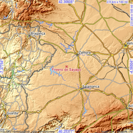 Topographic map of Fresno de Sayago