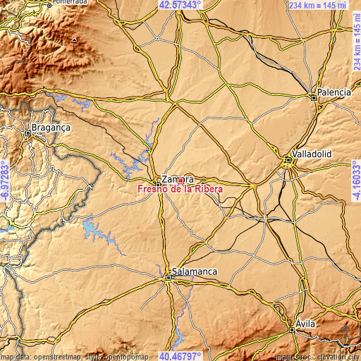 Topographic map of Fresno de la Ribera