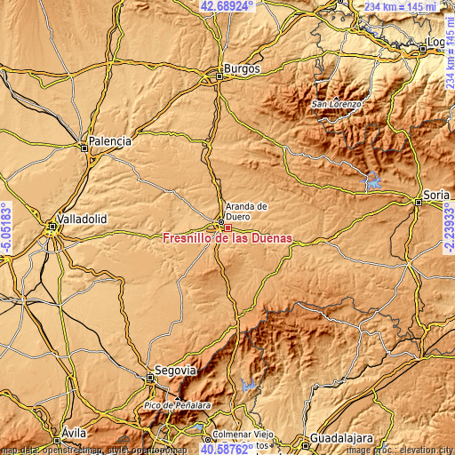 Topographic map of Fresnillo de las Dueñas