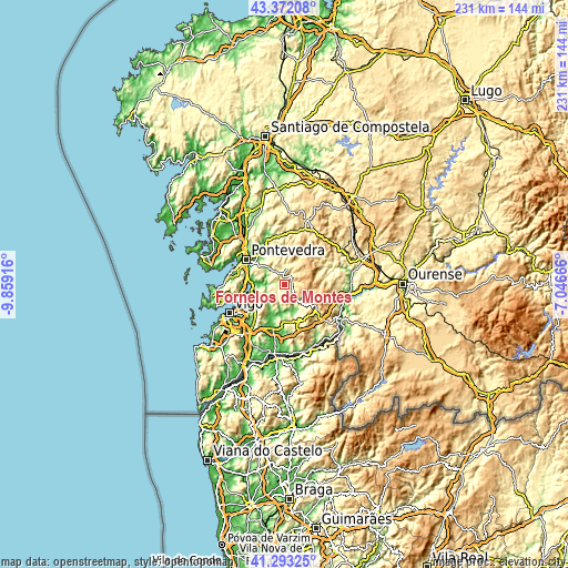 Topographic map of Fornelos de Montes