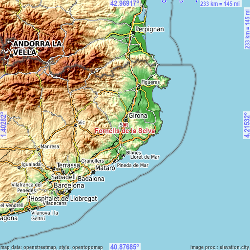 Topographic map of Fornells de la Selva
