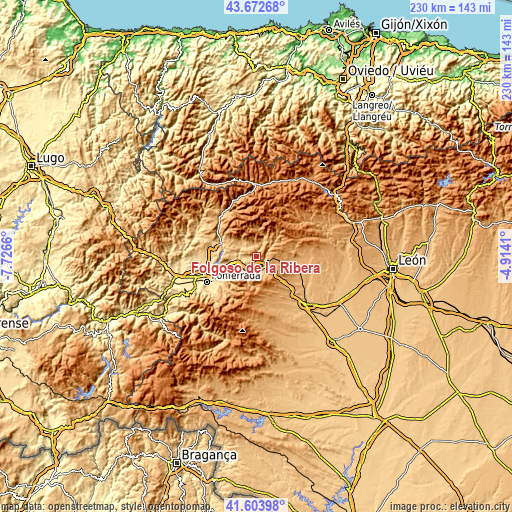 Topographic map of Folgoso de la Ribera