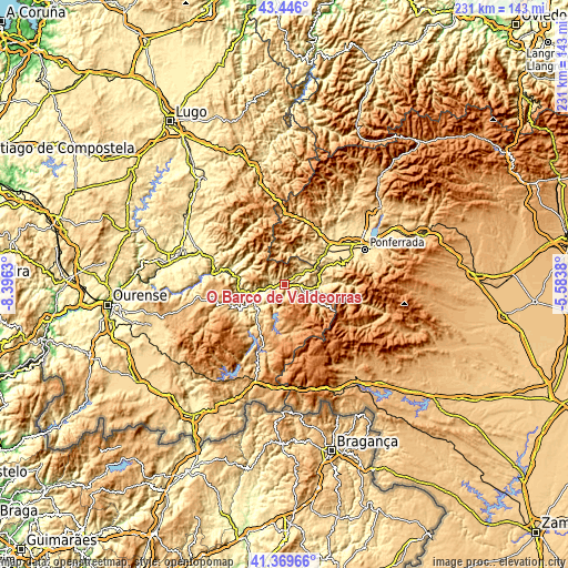 Topographic map of O Barco de Valdeorras