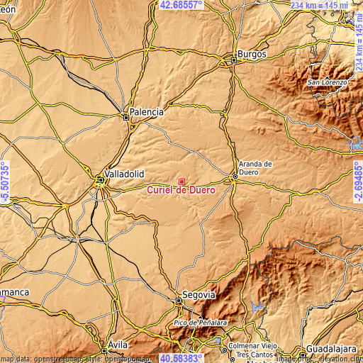 Topographic map of Curiel de Duero