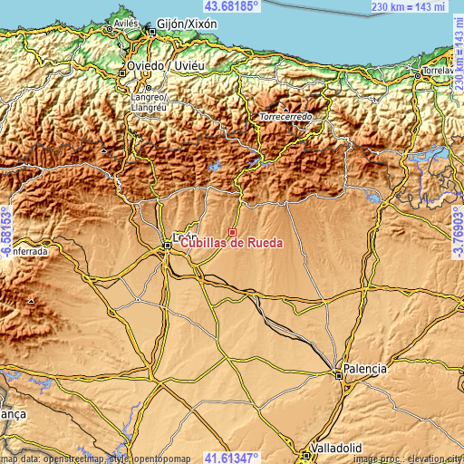 Topographic map of Cubillas de Rueda