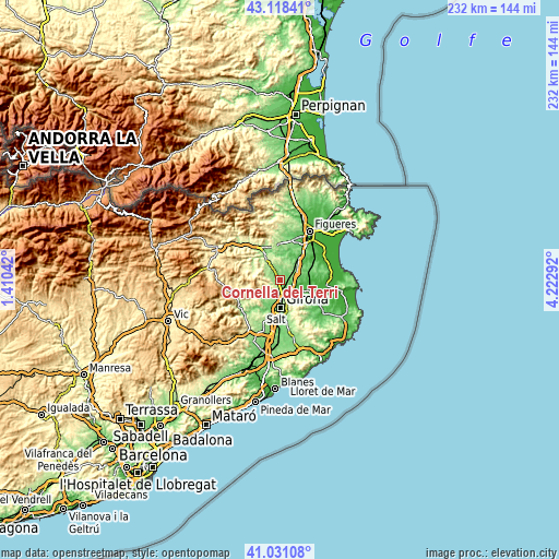 Topographic map of Cornellà del Terri