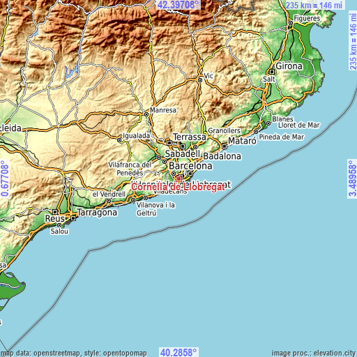 Topographic map of Cornellà de Llobregat