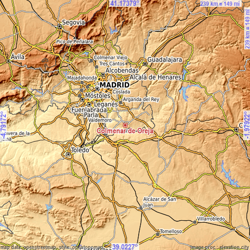 Topographic map of Colmenar de Oreja