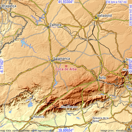 Topographic map of Coca de Alba