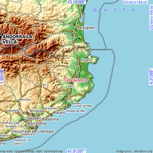 Topographic map of Cervià de Ter