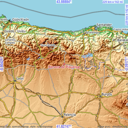 Topographic map of Cervera de Pisuerga