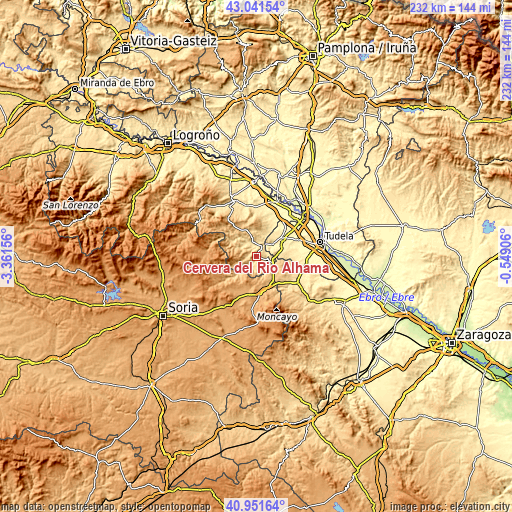 Topographic map of Cervera del Río Alhama