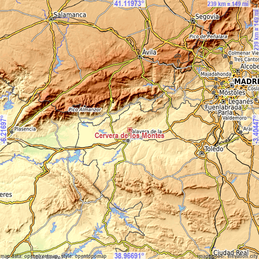Topographic map of Cervera de los Montes