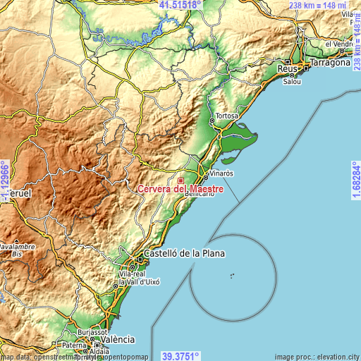 Topographic map of Cervera del Maestre