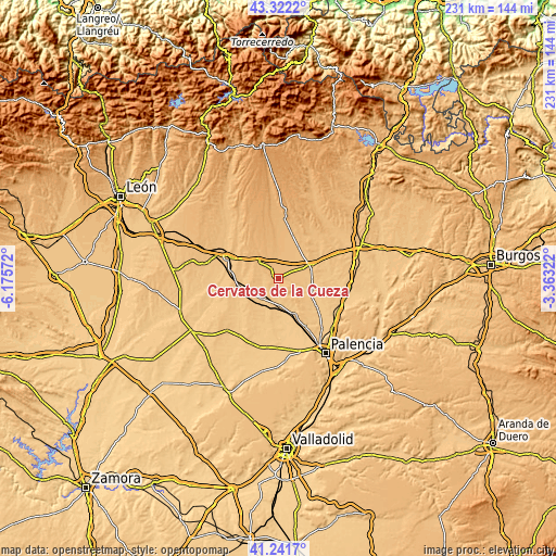 Topographic map of Cervatos de la Cueza