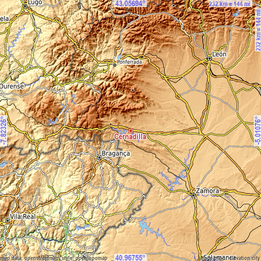 Topographic map of Cernadilla