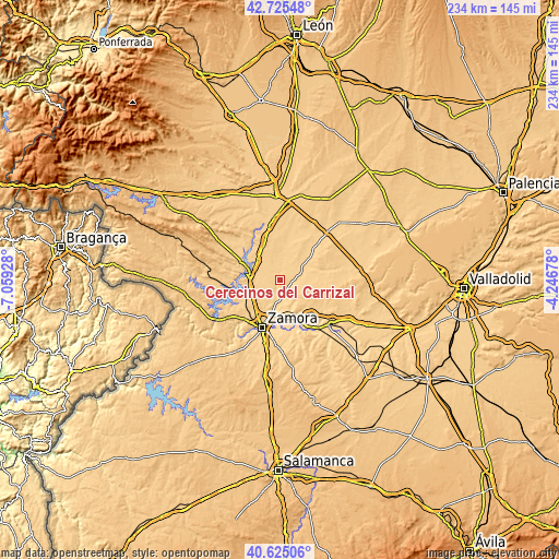 Topographic map of Cerecinos del Carrizal