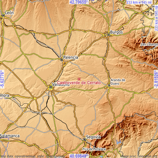 Topographic map of Castroverde de Cerrato