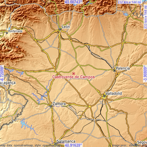 Topographic map of Castroverde de Campos