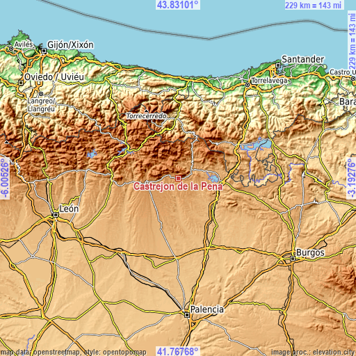 Topographic map of Castrejón de la Peña