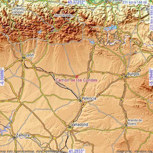 Topographic map of Carrión de los Condes