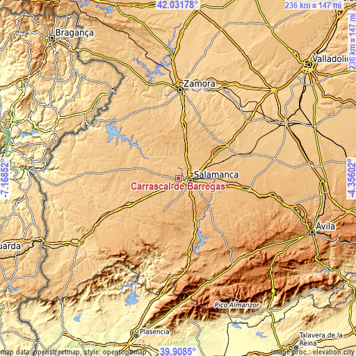 Topographic map of Carrascal de Barregas