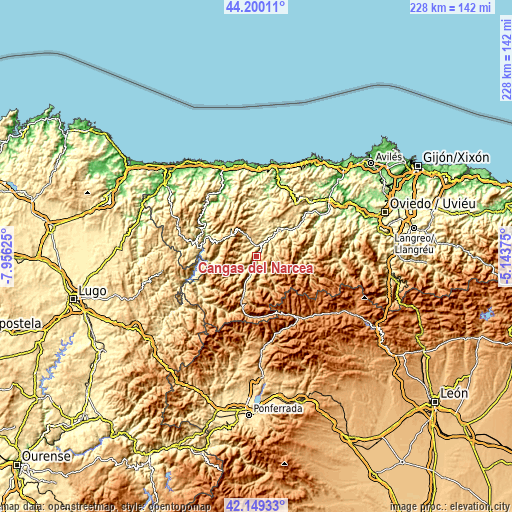 Topographic map of Cangas del Narcea