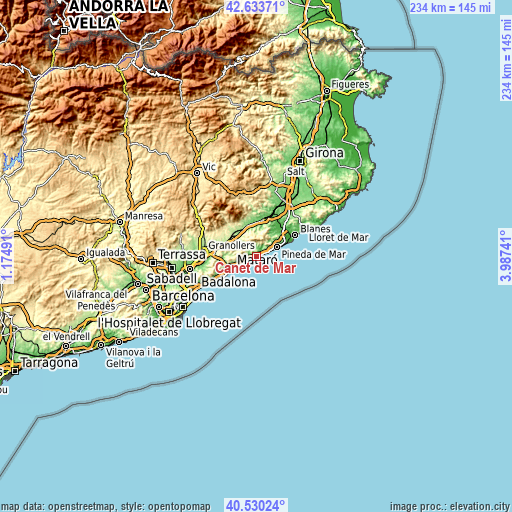 Topographic map of Canet de Mar