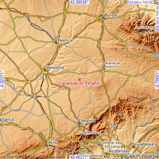 Topographic map of Canalejas de Peñafiel