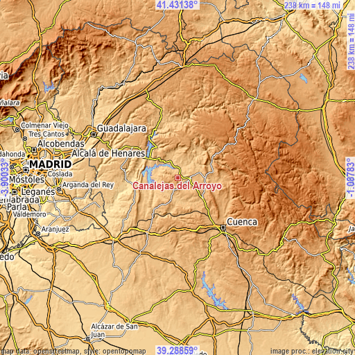 Topographic map of Canalejas del Arroyo