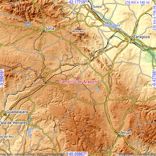 Topographic map of Campillo de Aragón