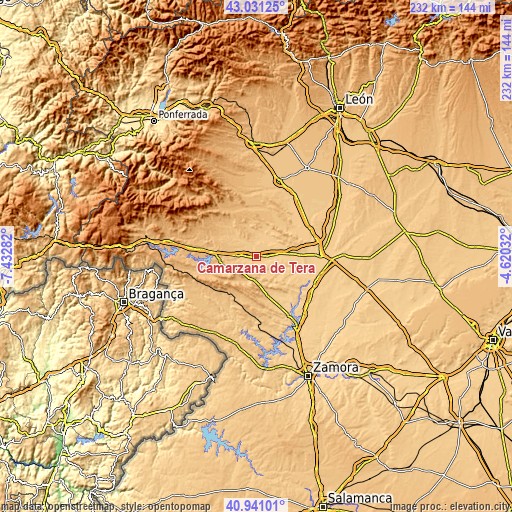 Topographic map of Camarzana de Tera