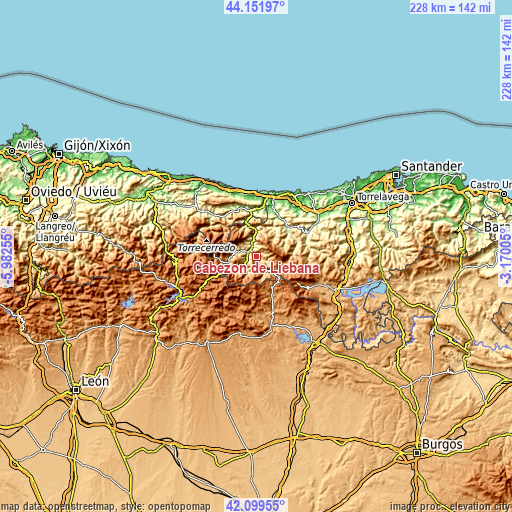 Topographic map of Cabezón de Liébana