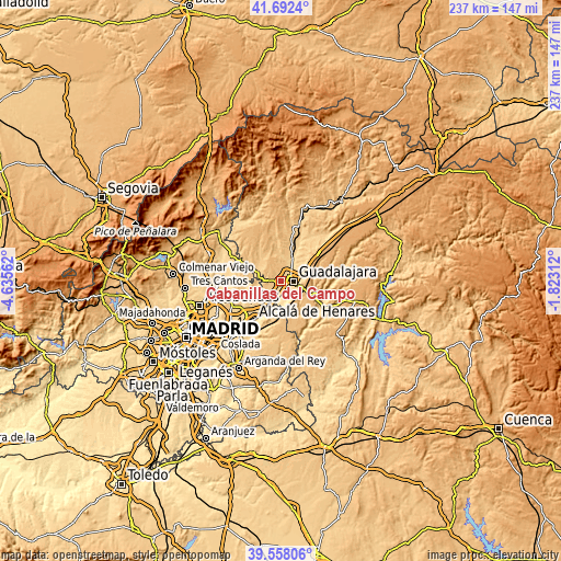 Topographic map of Cabanillas del Campo