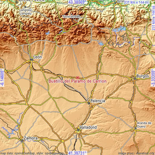 Topographic map of Bustillo del Páramo de Carrión