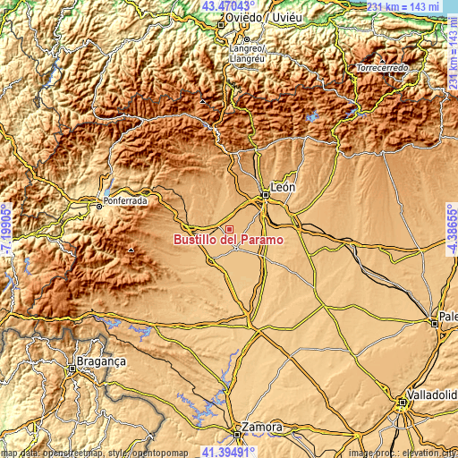 Topographic map of Bustillo del Páramo