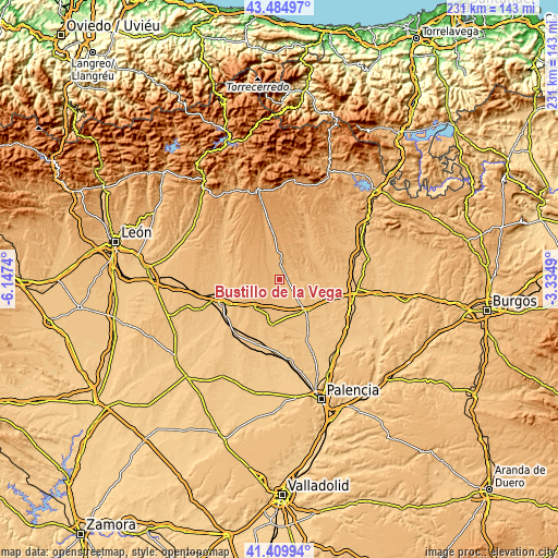 Topographic map of Bustillo de la Vega