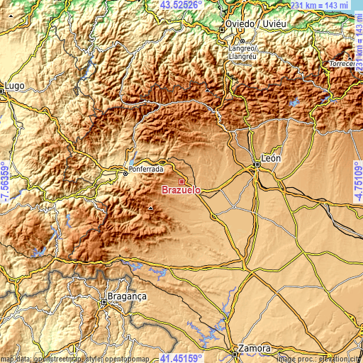 Topographic map of Brazuelo