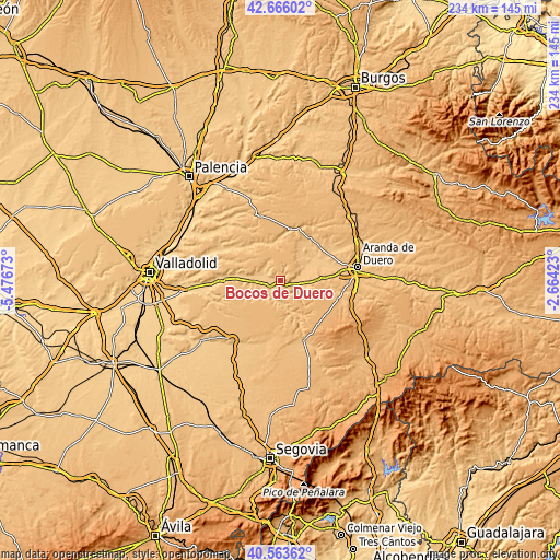 Topographic map of Bocos de Duero